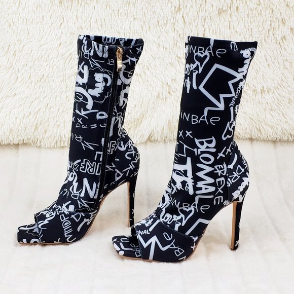 Graffiti Stretch Square Open Toe Ankle Boots - Picture 5 of 9